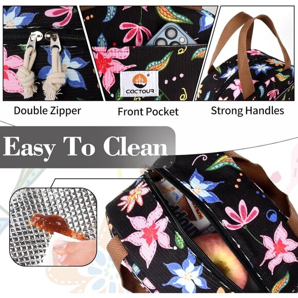 Cute Floral Corduroy Lunch Box for Women & Teens, Insulated Tote for Work/School - Picture 6 of 7